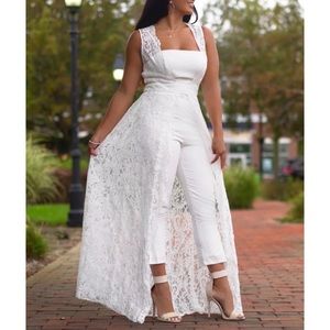 NWT White Jumpsuit with Lace Overlay Skirt for Wedding
